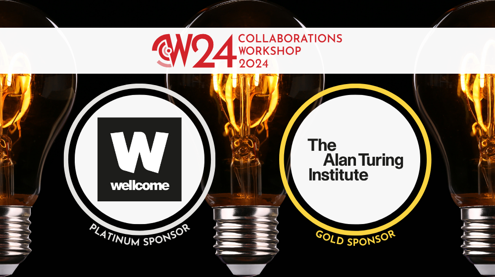 CW24 logo, Wellcome logo, The Alan Turing Institute logo, three lightbulbs on a dark background