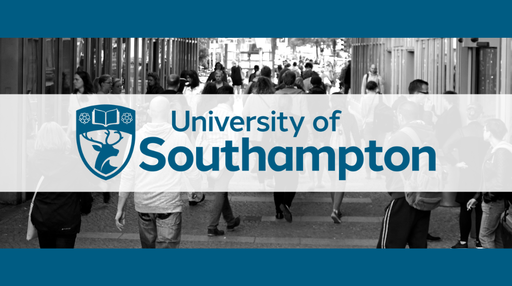 University of Southampton logo, people walking in the background