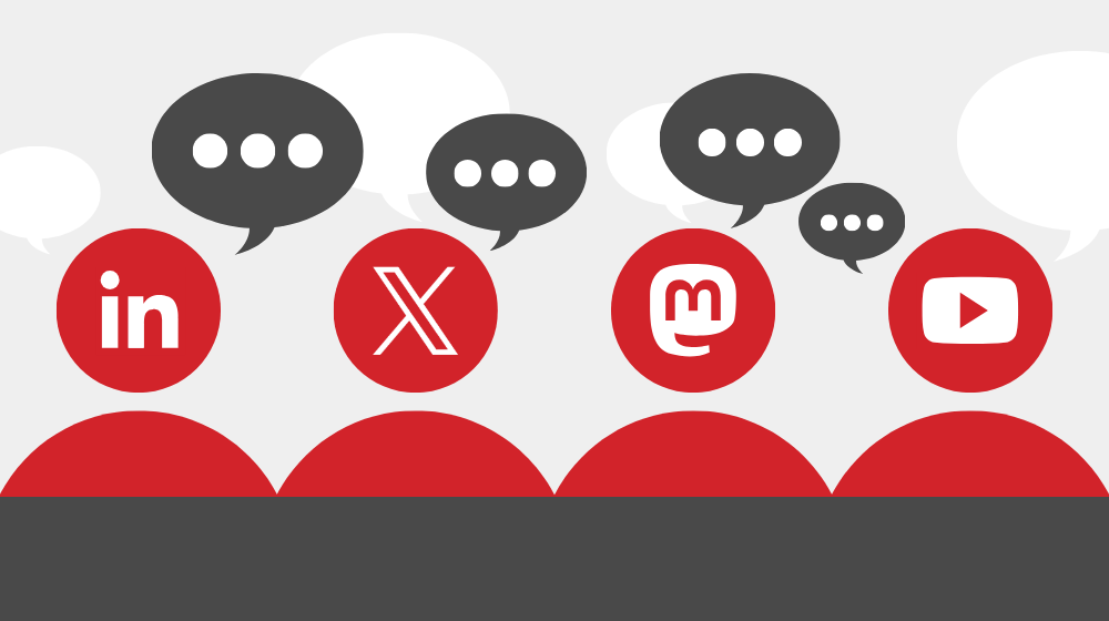 Red figures with the logos of LinkedIn, X, Mastodon, and YouTube surrounded by speech bubbles