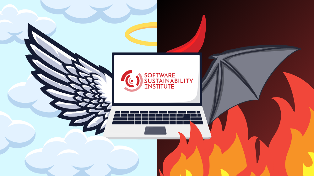 SSI logo, laptop in between heaven and hell