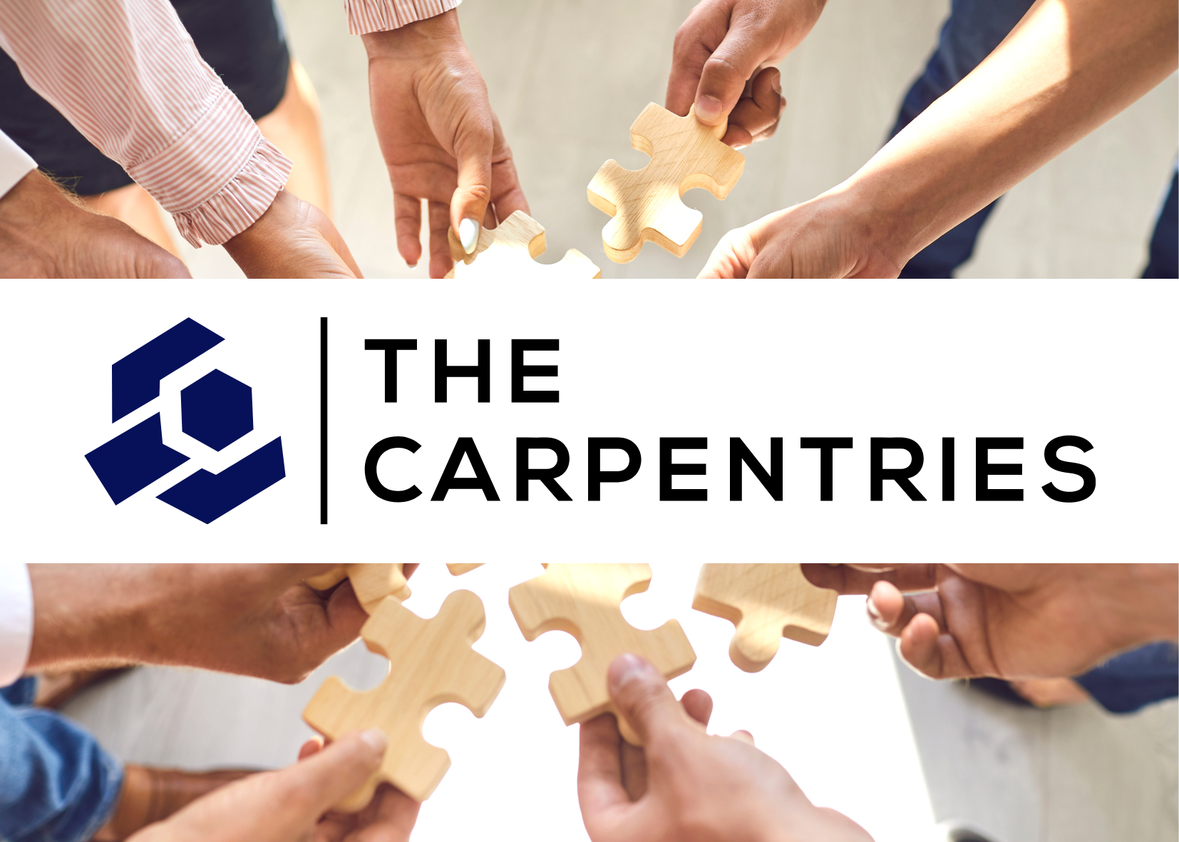 The Carpentries logo and a group of hands putting together a wooden jigsaw puzzle.-