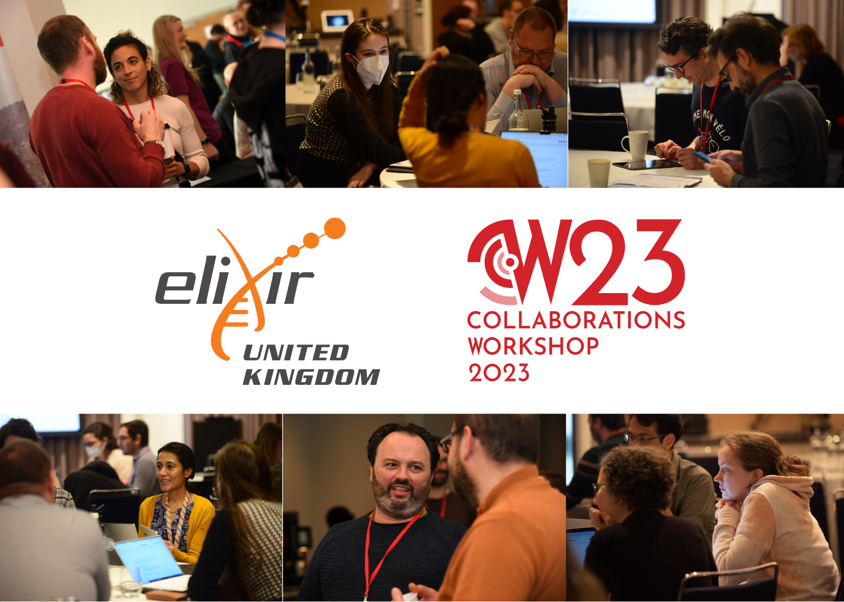 ELIXIR-UK and CW23 logos surrounded by pictures from the conference