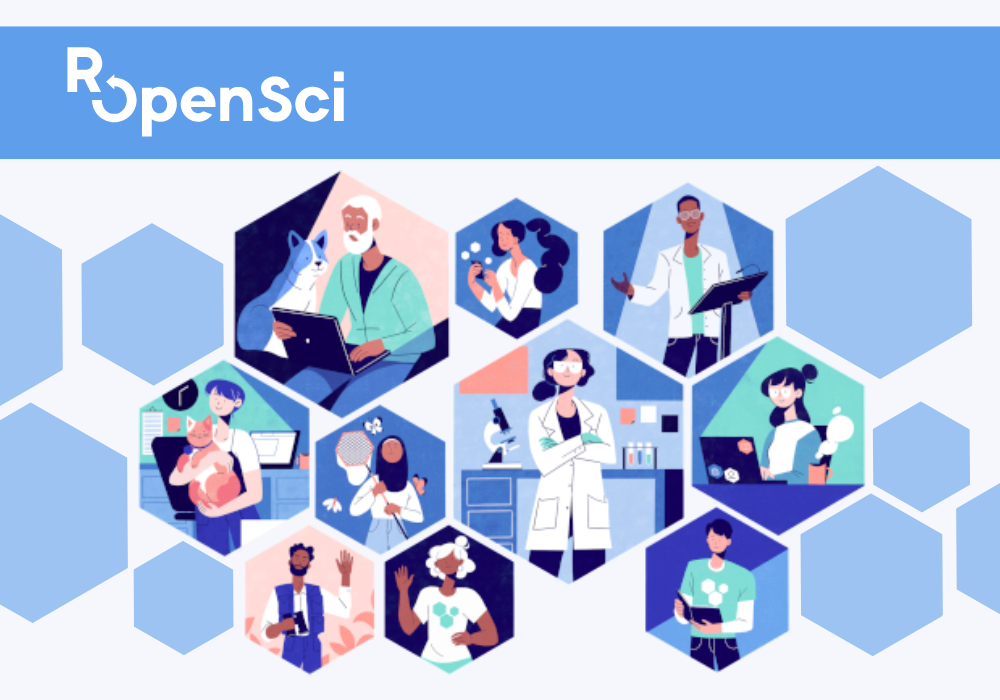 rOpenSci logo on a blue background, stylised graphics of people enclosed within hexagons