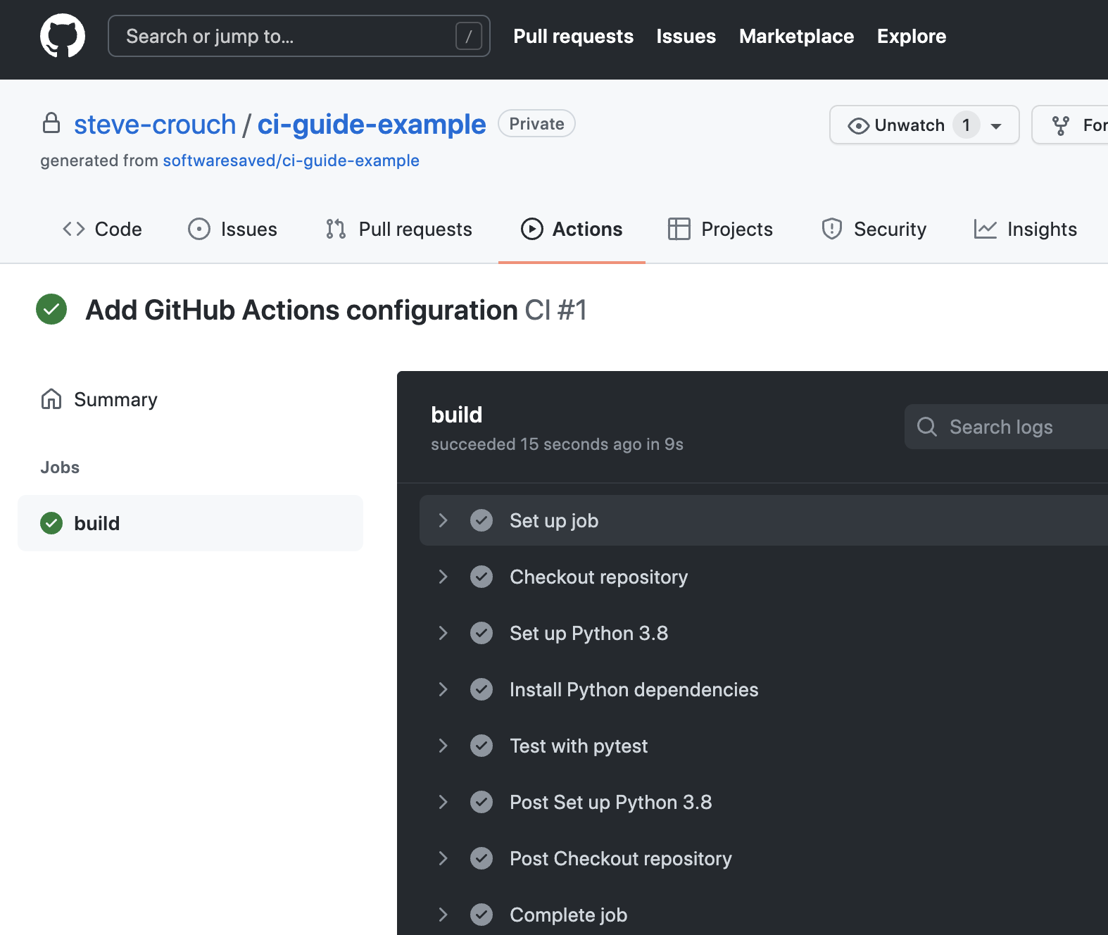 Screenshot showing each task of GitHub Actions job being successfully completed