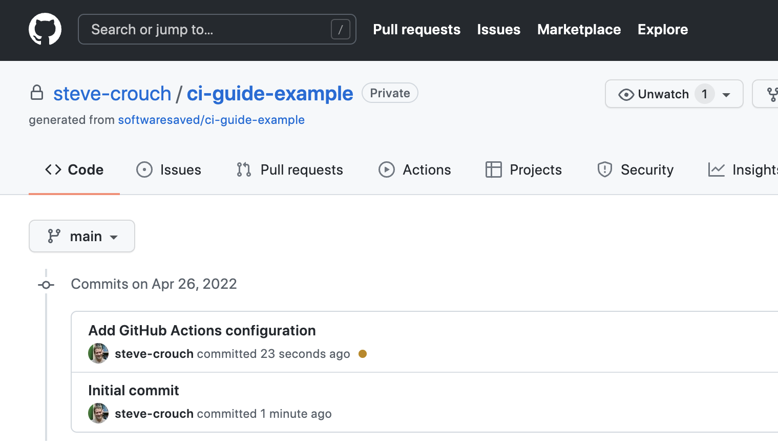 Screenshot showing the last repository commit triggering a GitHub Actions job being run
