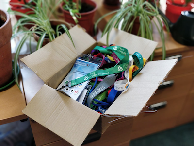 Box full of recycled lanyards