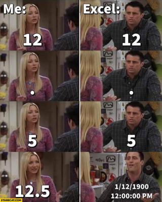 Meme based on Phoebe and Joey from Friends: ME VS EXCEL ASSUMING NUMBER IS A DATE