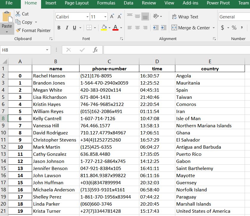 Screenshot of Excel.