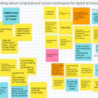 Screenshot of one of the Jamboards created during the workshop, this one focused on the strengths, opportunities, barriers and risks of computational access techniques.