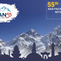 APAN55 logo, in the background snowy mountains